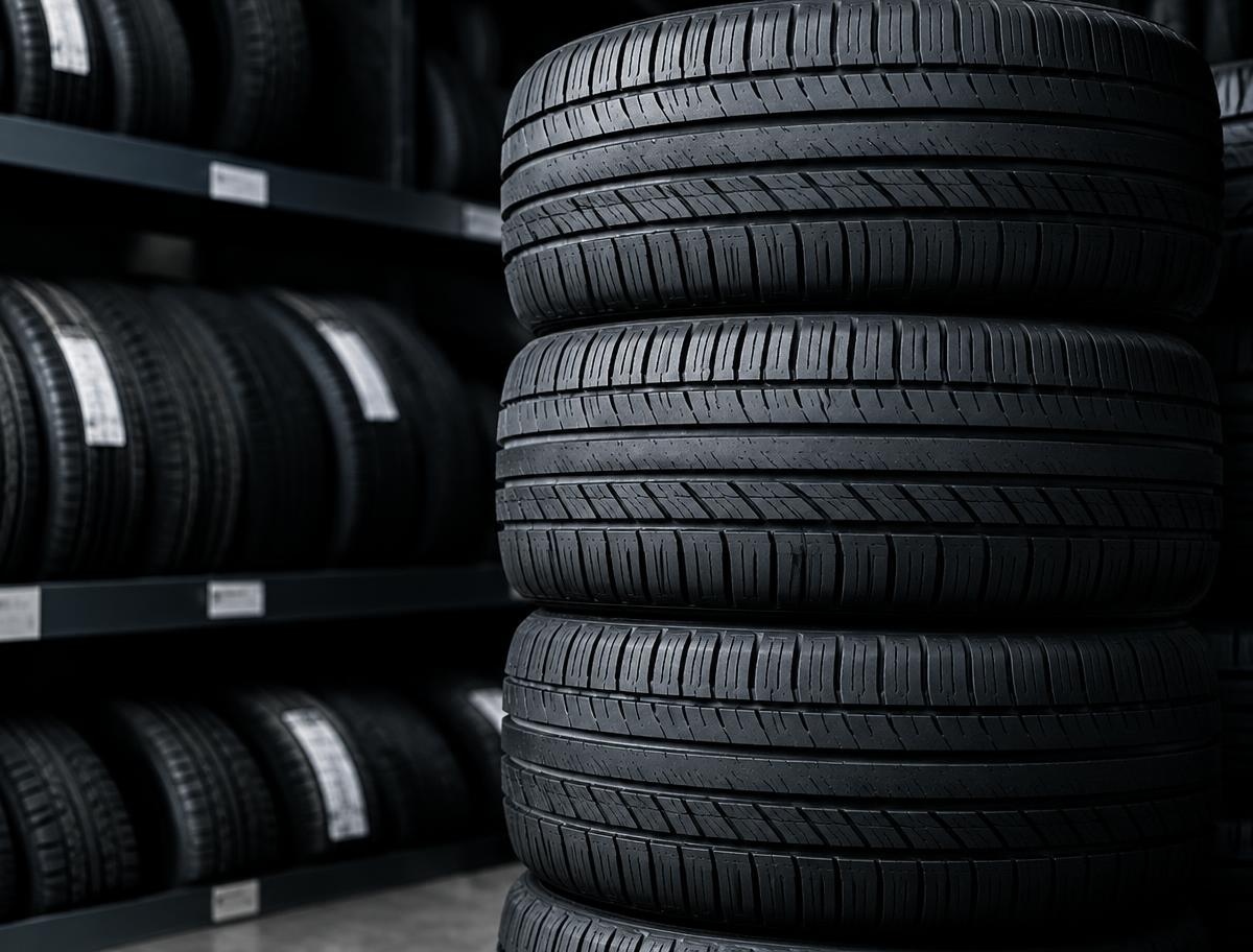 Stack of new tires in Surrey tire shop